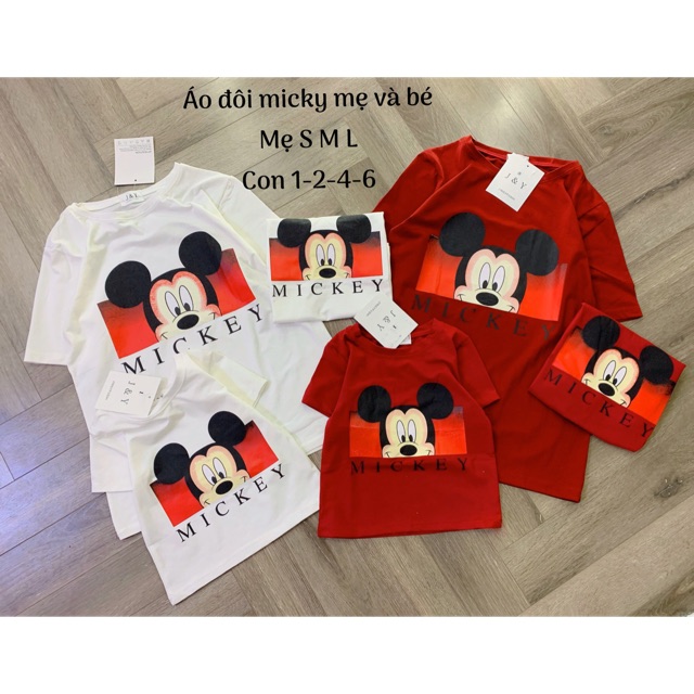 Áo đôi mẹ con mickey mặt vàng 2 màu đỏ/trắng