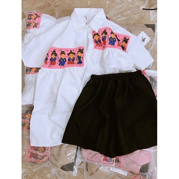 Sét áo sơ mi nữ kiểu lệch tà + quần lưng thun