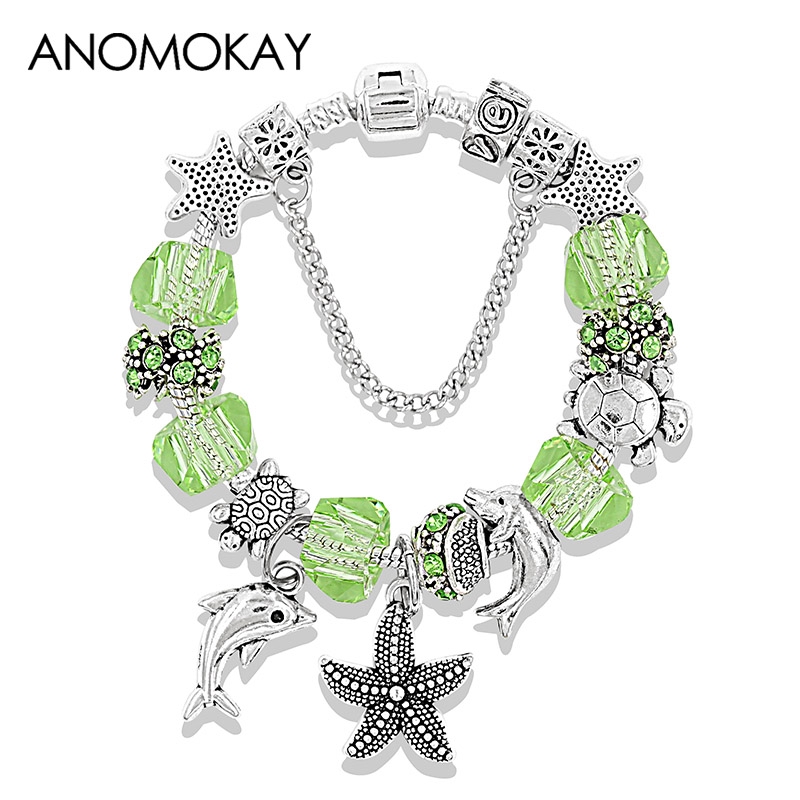 Dropshipping 5 Colors Ocean Starfish Dolphin Bead Bracelet DIY Crystal Charm Bracelets & Bangles Fashion Jewelry Gift