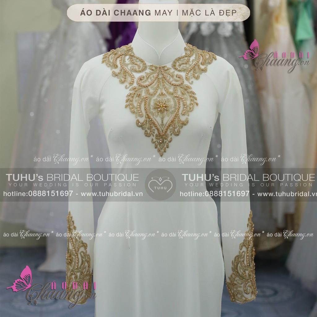 Áo dài ren FREESHIP Áo dài trắng ren đồng đính pha lê [ao dai nu dep]