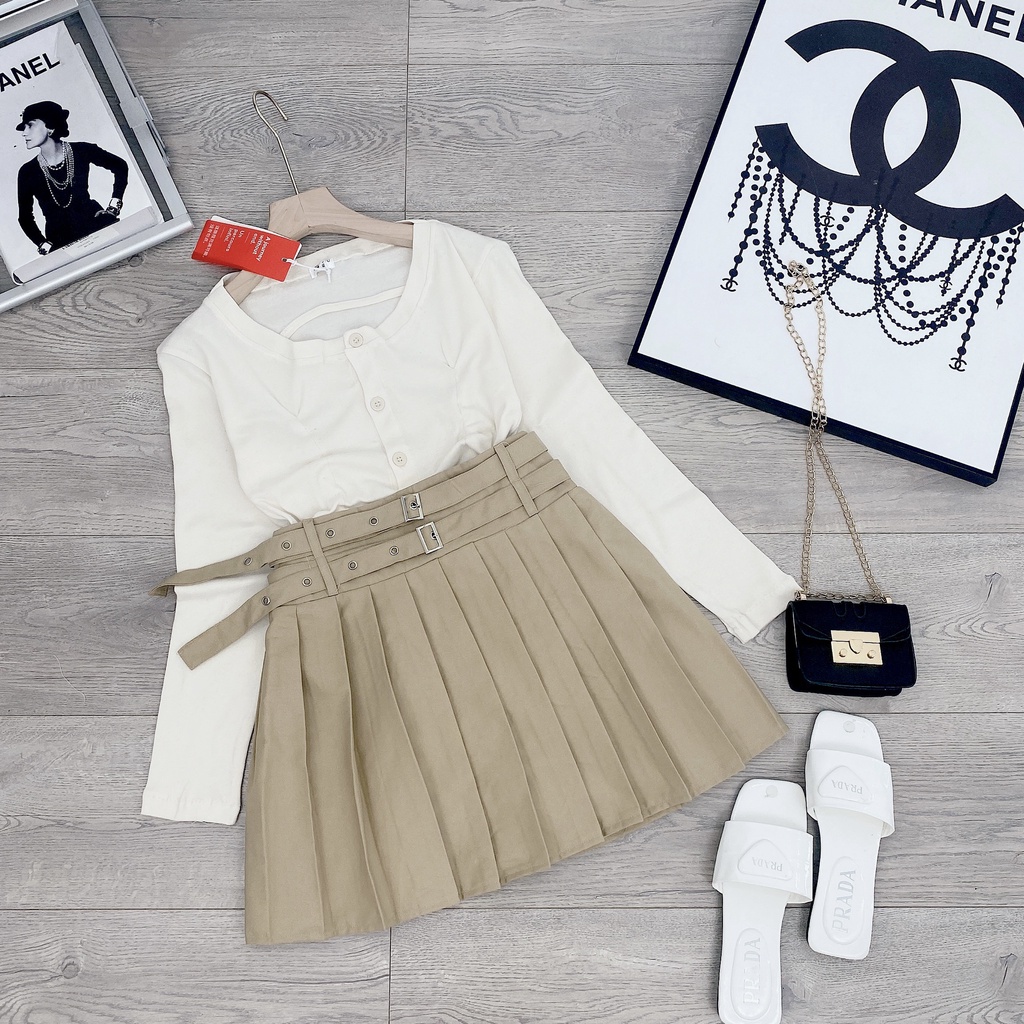Set áo len be dài tay rút eo mix chân váy xếp ly kèm đai