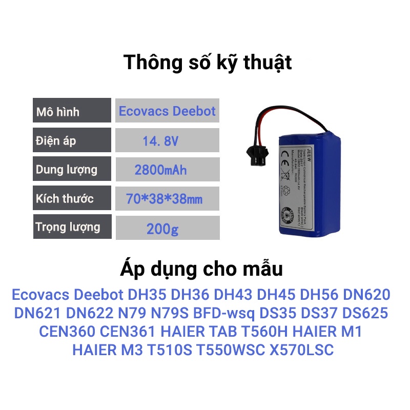 Pin robot hút bụi Ecovacs Deebot DN620 DN621 DN622 N79 N79S 2800mAh 14.8V