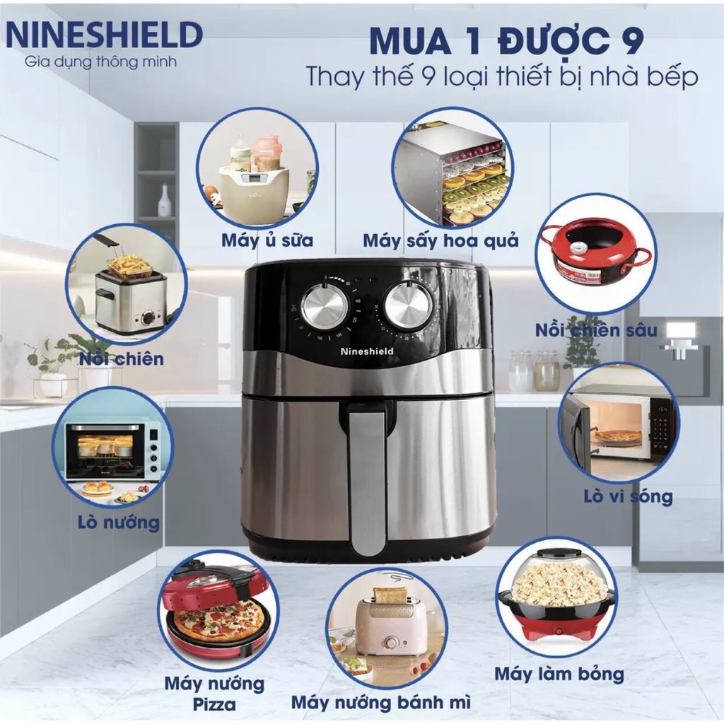 Nồi chiên không dầu 10.5L Nineshield KB-8002M , Nướng gà cả con , Thế hệ mới nhất 2022 , Bảo hành 12 tháng
