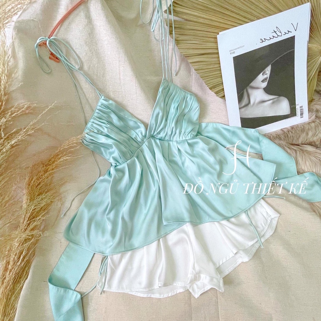 SET NGỦ LỤA NƠ XANH TRẮNG