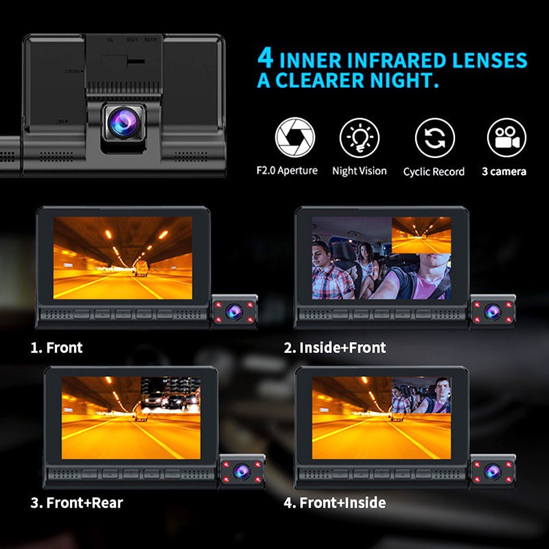 Camera Hành Trình 4 Inch Cảm Ứng 3 Camera DVR FHD 1080P Tầm Nhìn Đêm 24H Cho Xe Hơi