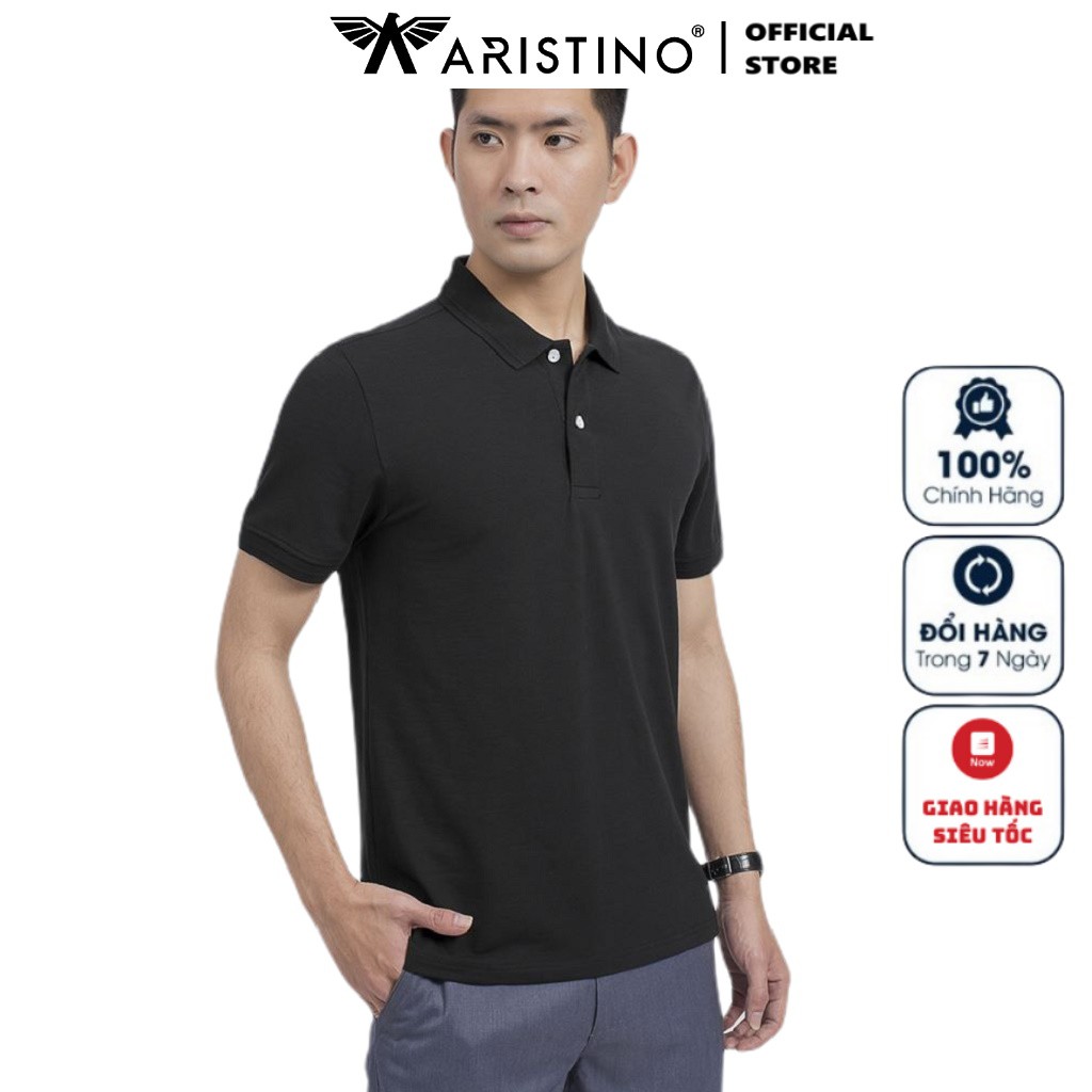 Áo Thun Nam Tay Ngắn Có Cổ Aristino APS019S9 Màu Đen Kiểu Dáng Regular Fit Chất Liệu CVC