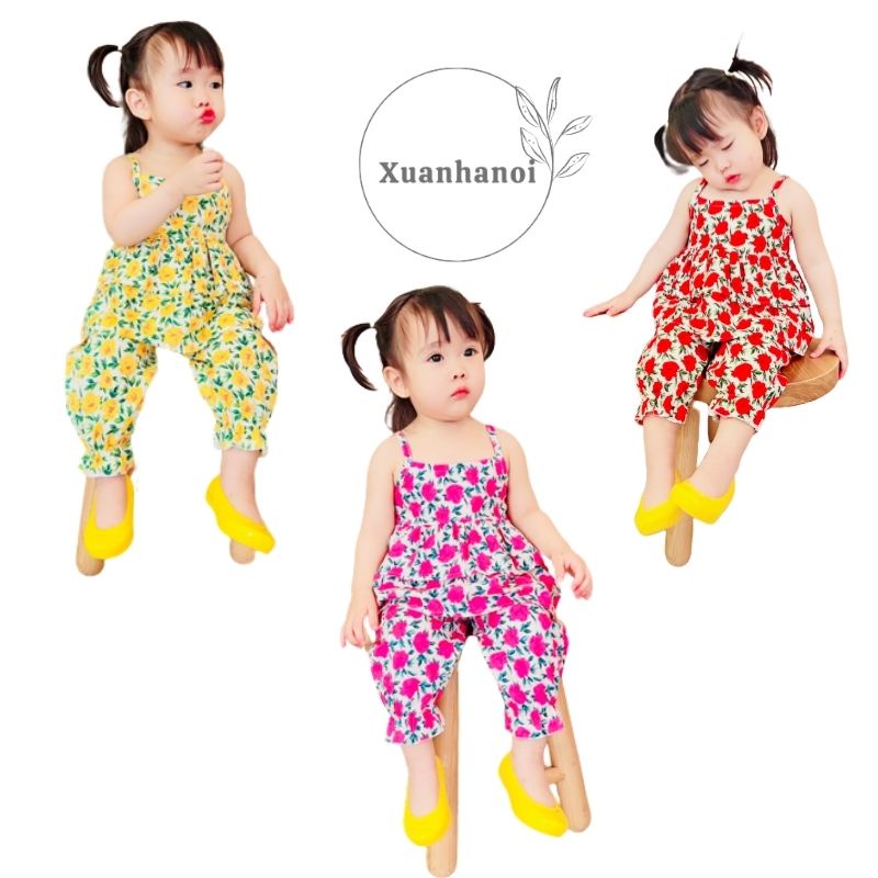 Bộ bé gái thô hoa áo 2 dây và quần dài bo gấu 5 mầu XHN939