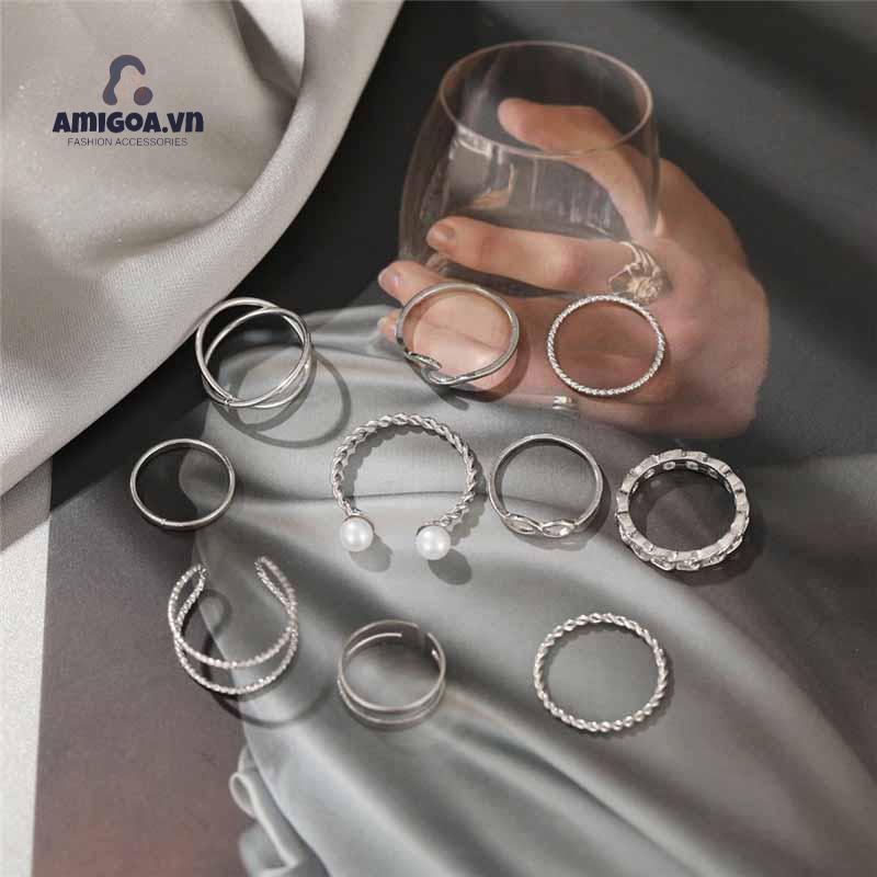 ✨✨Bộ 10 Nhẫn Đeo Khớp Ngón Tay Đính Hạt Ngọc Trai Đơn Giản Sáng Tạo Cho Nữ