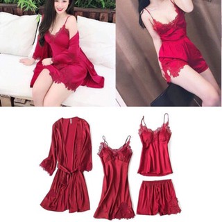 [Sale Sốc] Set đồ ngủ 4 món chất lụa ( Gồm áo hai dây + quần lửng + váy dài + áo choàng)  -Hàng Cao Cấp