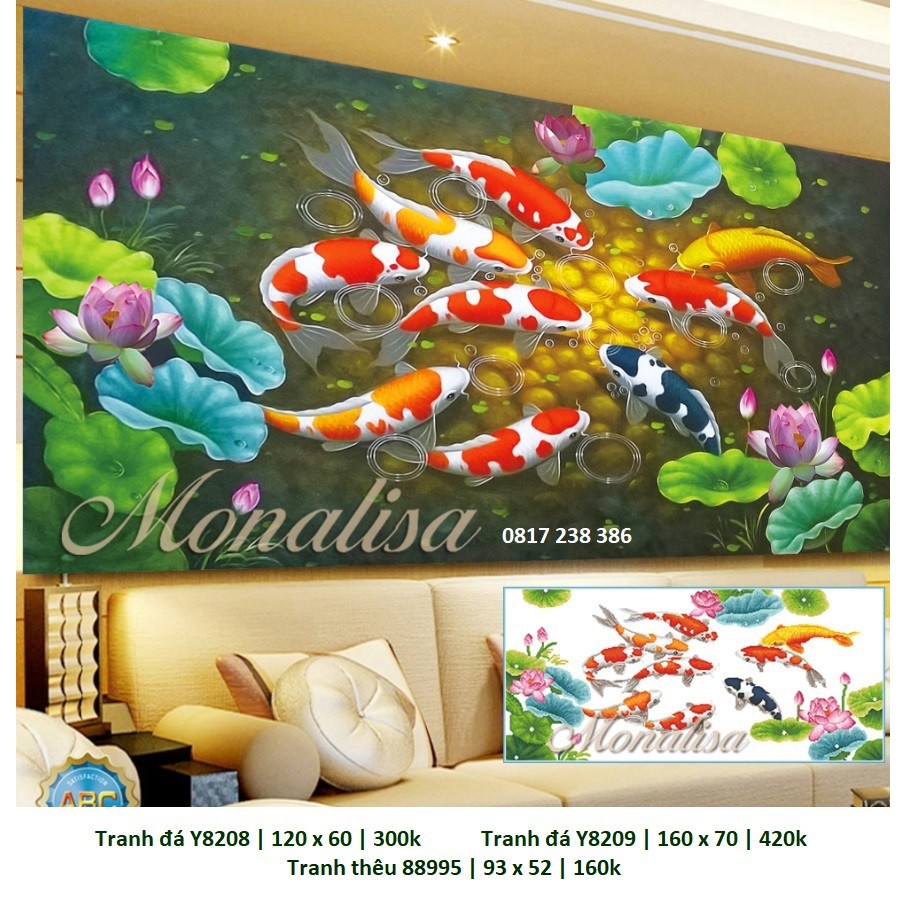 Tranh thêu chữ thập, tranh đính đá cửu ngư quần hội 88995 (93x52 cm), 223214(120x65 cm), Y8208 (120x60 cm),Y8209(150x70c