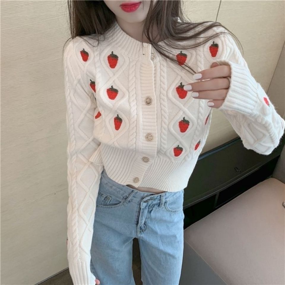 Áo khoác len cardigan tay dài thêu hình quả dâu tây thời trang cho nữ