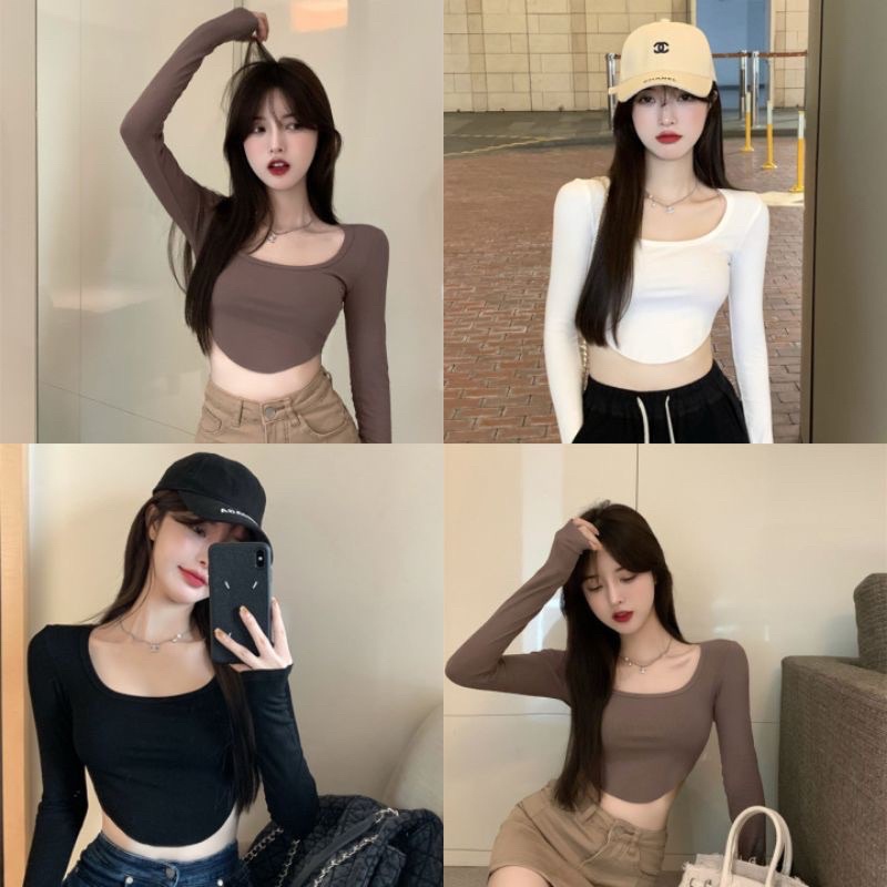 Áo croptop Tay dài Vạt bầu cổ U A3