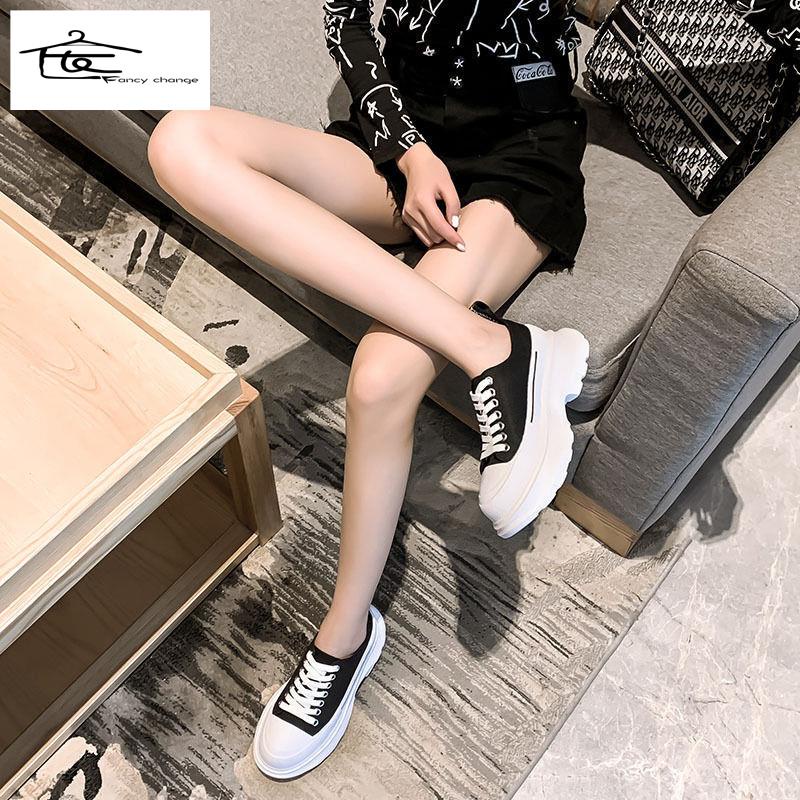 Giày vải bạt đế dày tăng chiều cao màu trắng phong cách hè thu McQueen-2022