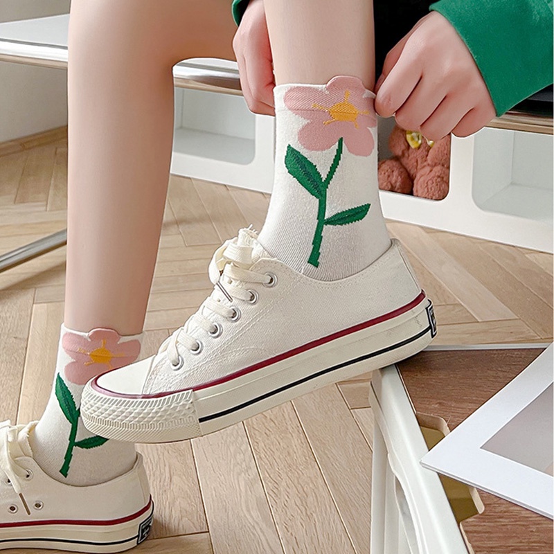 Tất cổ cao nữ họa tiết 3D hình bông hoa siêu xinh chất Cotton mềm mịn co giãn khử mùi thấm hút mồ hôi cực tốt TD048