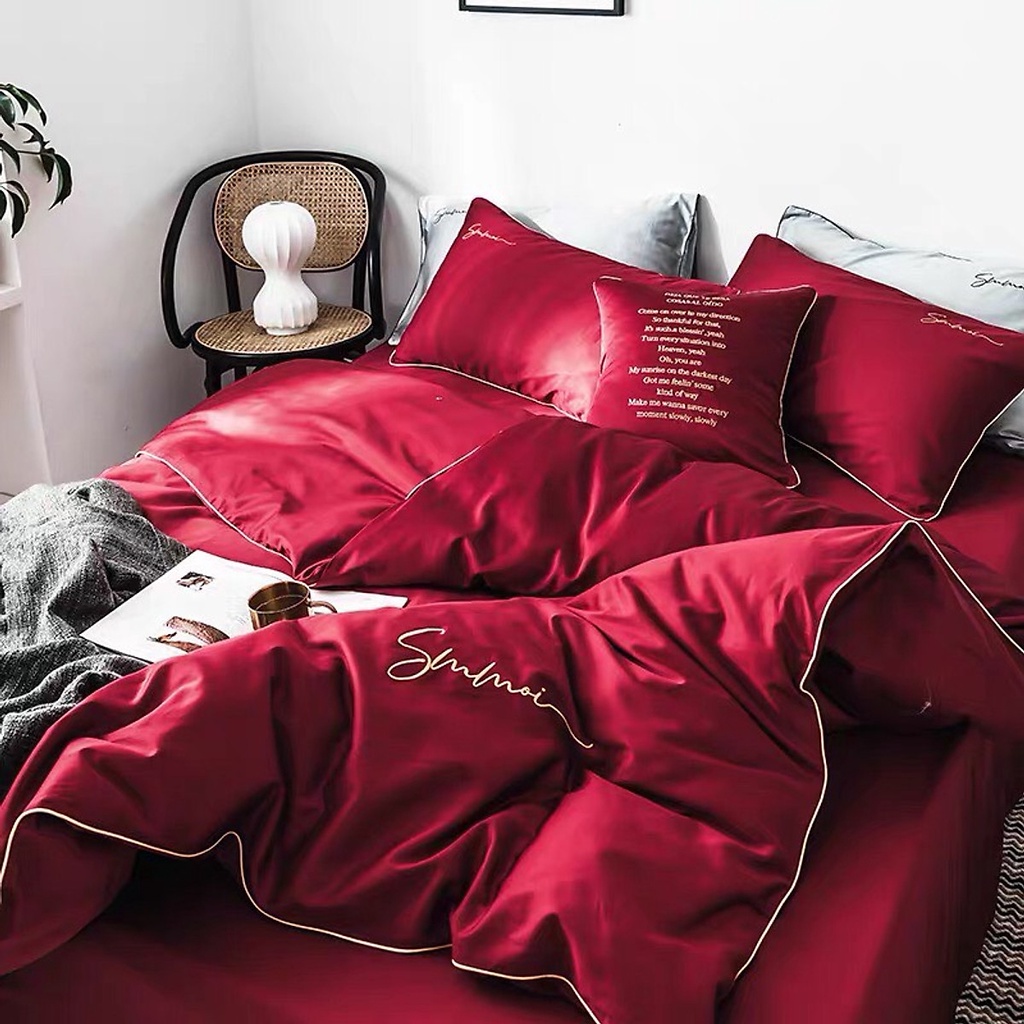 Bộ Chăn Ga Gối Lụa Tencel 60s Sumoi Họa Tiết Thêu Cao Cấp