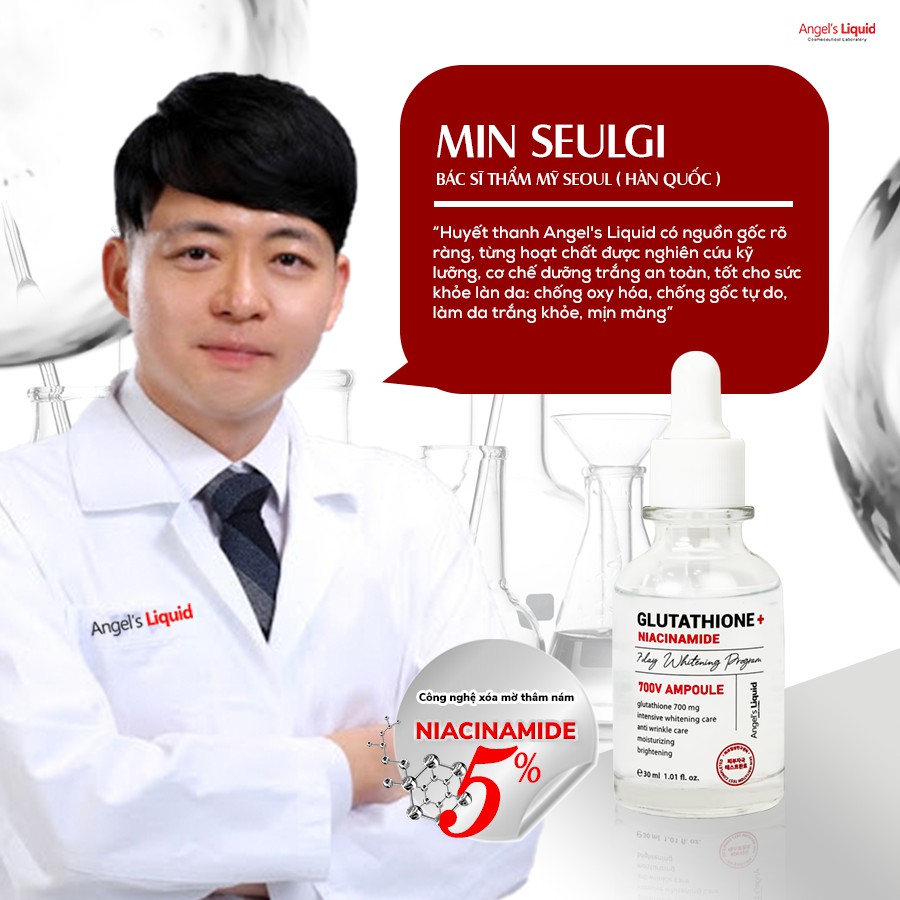 Huyết thanh truyền trắng xoá mờ thâm nám Angel Liquid Glutathione Plus Niacinamide 700 V-ampoule 30ml