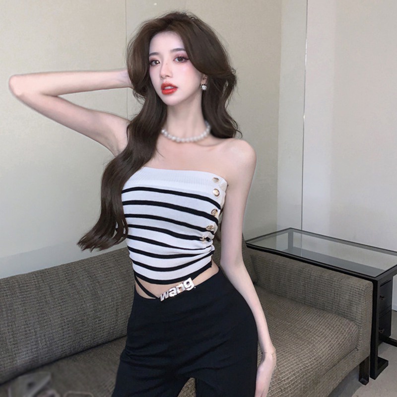 Áo Ống Ngắn Một Bên Vai Họa Tiết Kẻ Sọc Cho Nữ