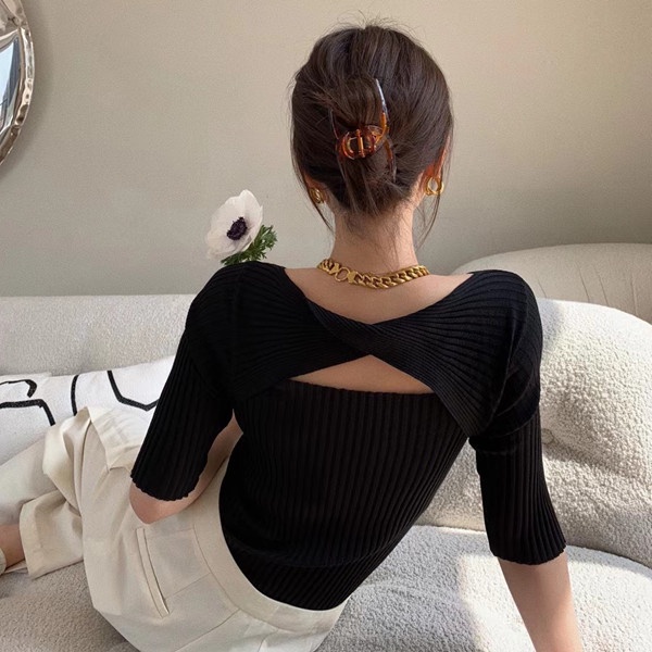 Áo Thun Tay Ngắn Cổ Tròn Thiết Kế Dây Đan Chéo Quyến Rũ