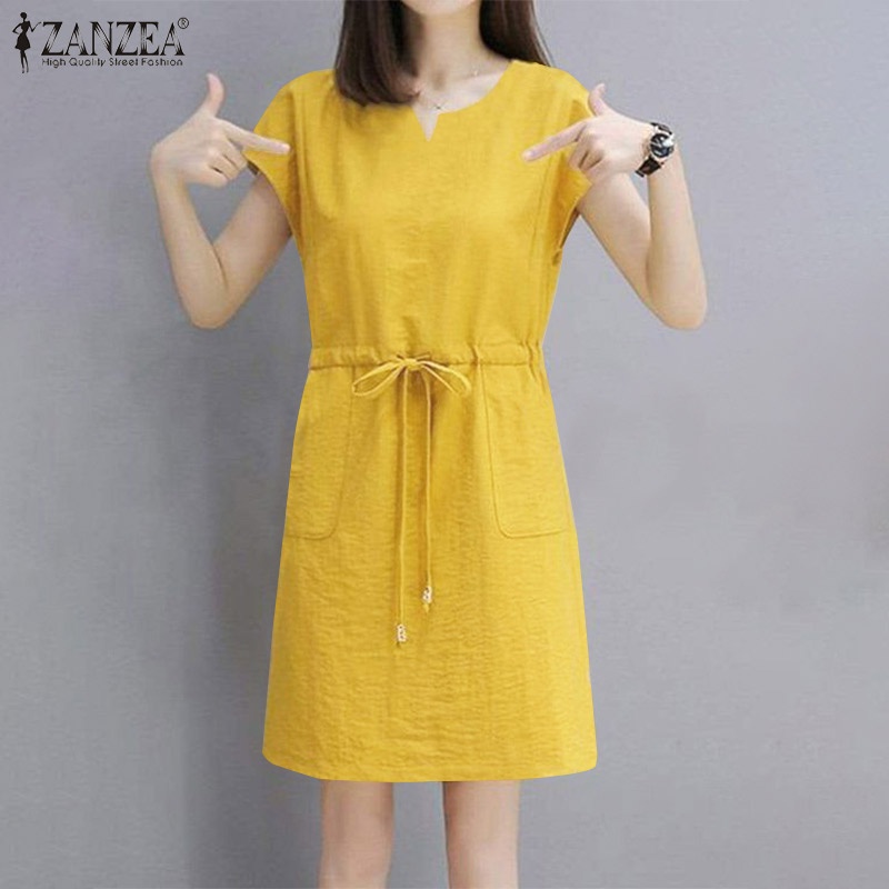 Đầm Zanzea tay ngắn lưng cao màu trơn có dây rút phong cách cổ điển cho nữ