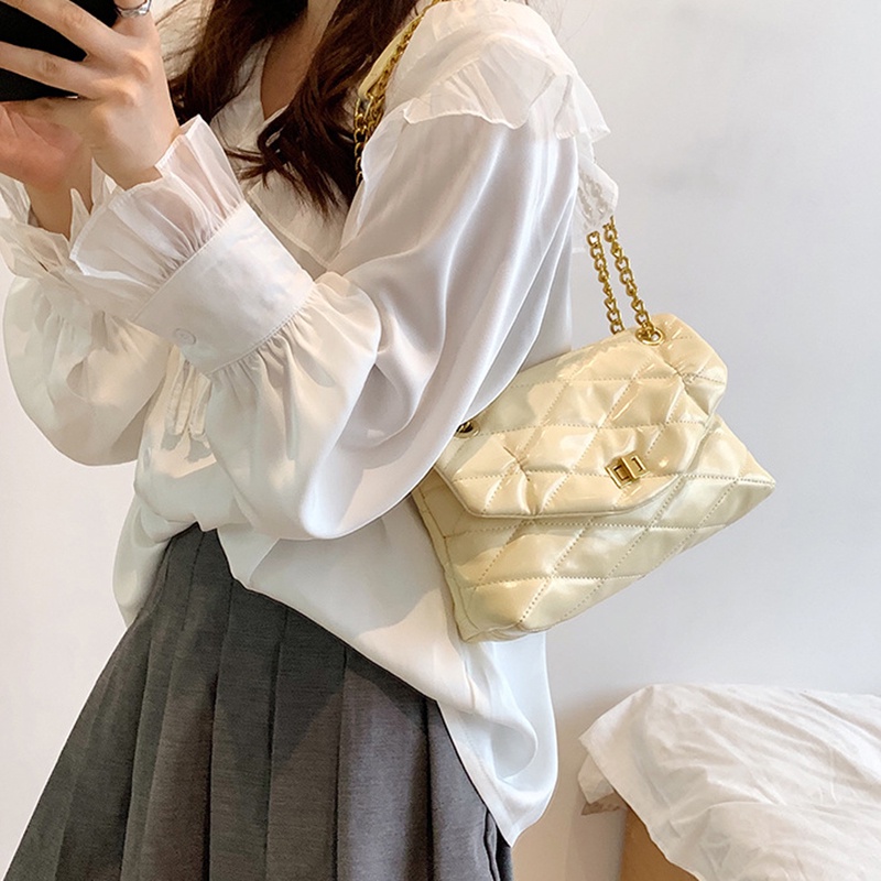 Túi Đeo Vai Họa Tiết Hình Thoi Màu Đen Phối Dây Xích Thời Trang Cho Nữ