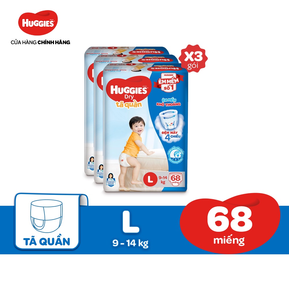 [Mã MKBHUGBU giảm 12% đơn từ 400K] Combo 3 Tã quần Huggies Dry Super Jumbo M74/L68/XL62/XXL56