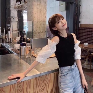 Áo thun gân pha tay trắng hở vai
