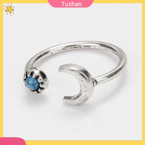 Bộ 6 nhẫn đính ngọc lam hình mũi tên/ mặt trăng/ tam giác phong cách retro dân tộc