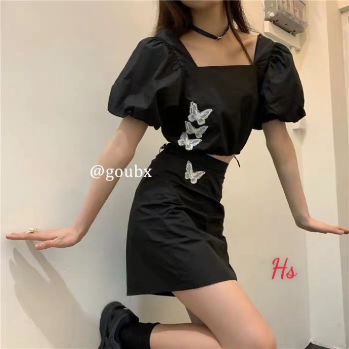 Bộ Chân Váy Nữ Áo Cổ Vuông In Bướm ❤️FREESHIP❤️ Set Áo Váy Nữ Ngắn Màu Đen 1994Closet