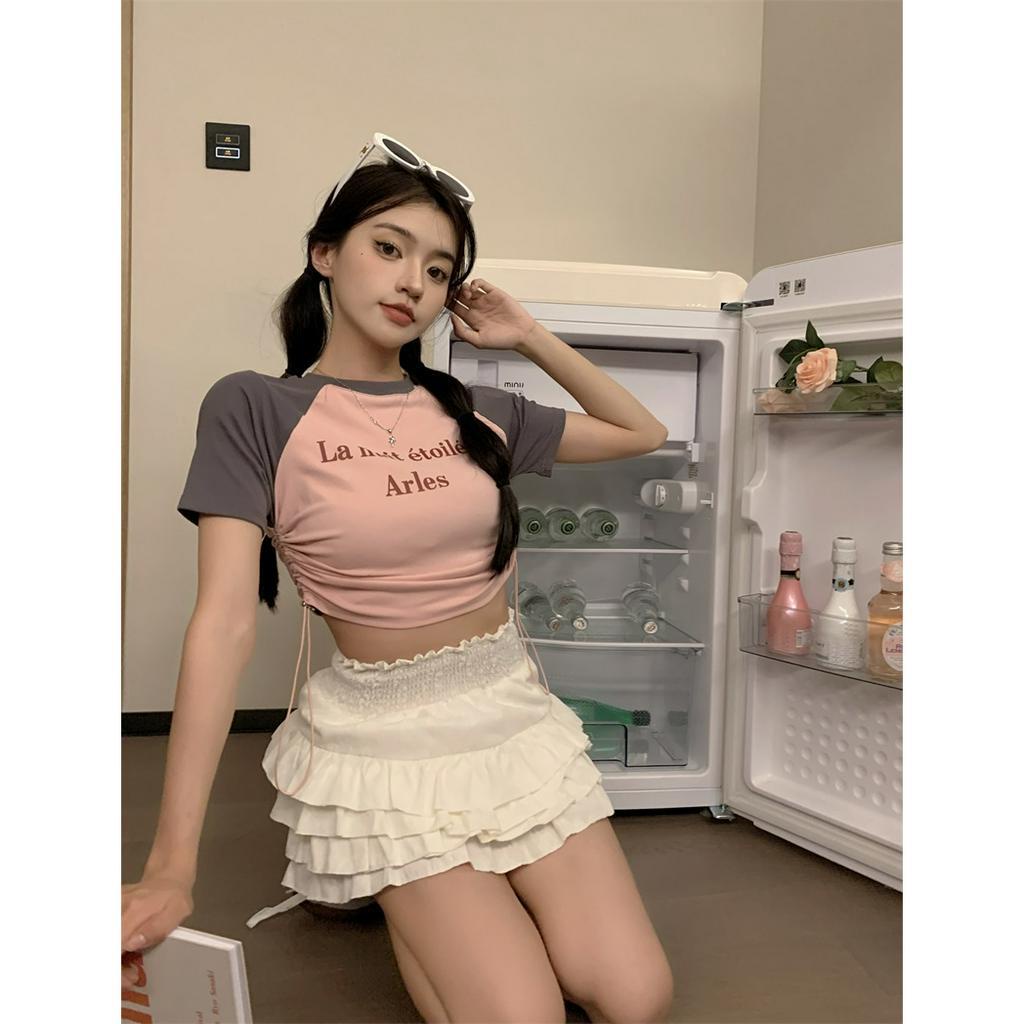 「 WELOVE1 」Áo Thun Tay Ngắn In Chữ Phối Dây Rút Nhiều Màu Sắc Tương Phản Phong Cách Mỹ Thời Trang Mùa Hè Cho Nữ