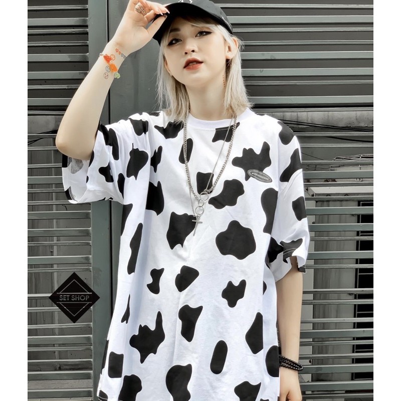 [Rẻ Vô Địch] Áo thun cotton tay lỡ Unisex -- ÁO Loang Bò Sữa LOGO TAY LỠ Dáng Dài --Bống Store