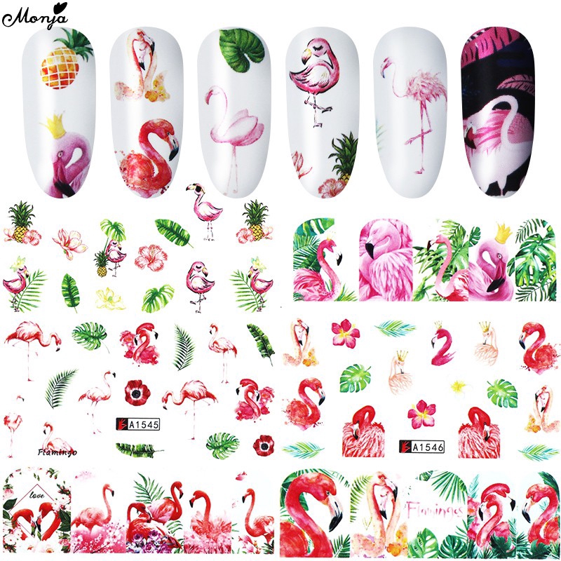Set 12 tờ nhãn dán trang trí móng họa tiết Chim hồng hạc DIY