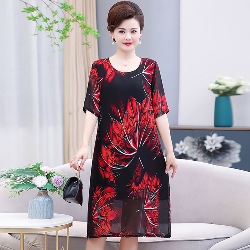 Đầm chiffon Dáng Rộng In Hoa Thời Trang Cho Phụ Nữ Trung Niên