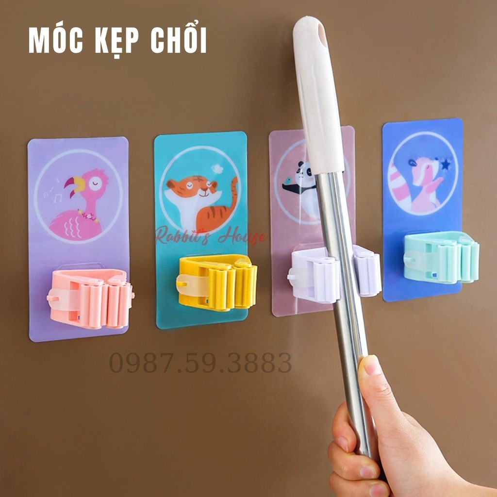 Móc dán tường kẹp giữ cây lau nhà, móc treo chổi chịu lực họa tiết hoạt hình siêu chắc chắn