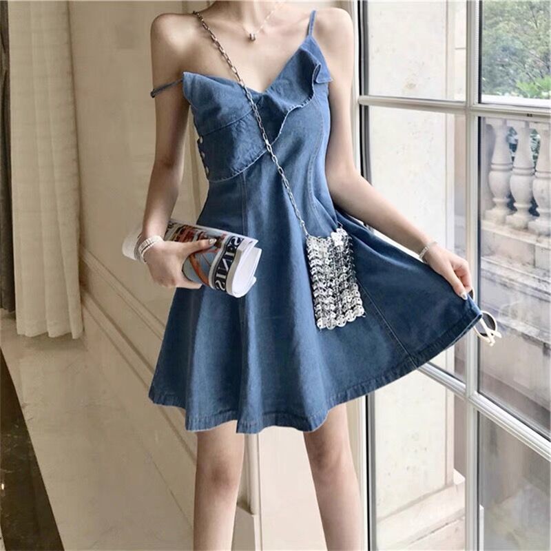 Jiashucheng Tea Break Đầm Denim Hai Dây Nhỏ Nhắn Thanh Lịch Kiểu Pháp Thời Trang Mùa Hè Dành Cho Bạn Nữ