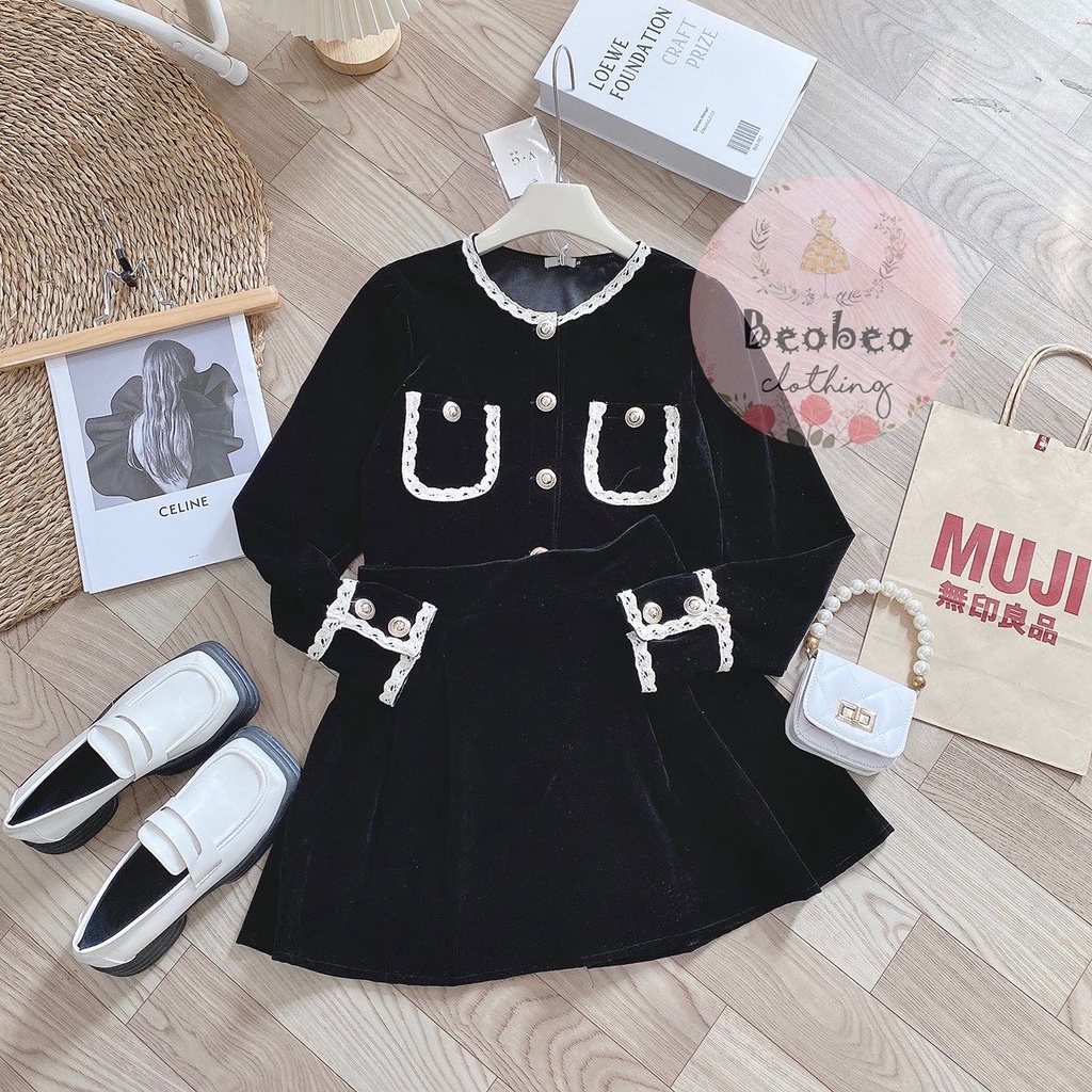 Set áo nhung viền trắng tay dài kèm chân váy chữ A ulzzang