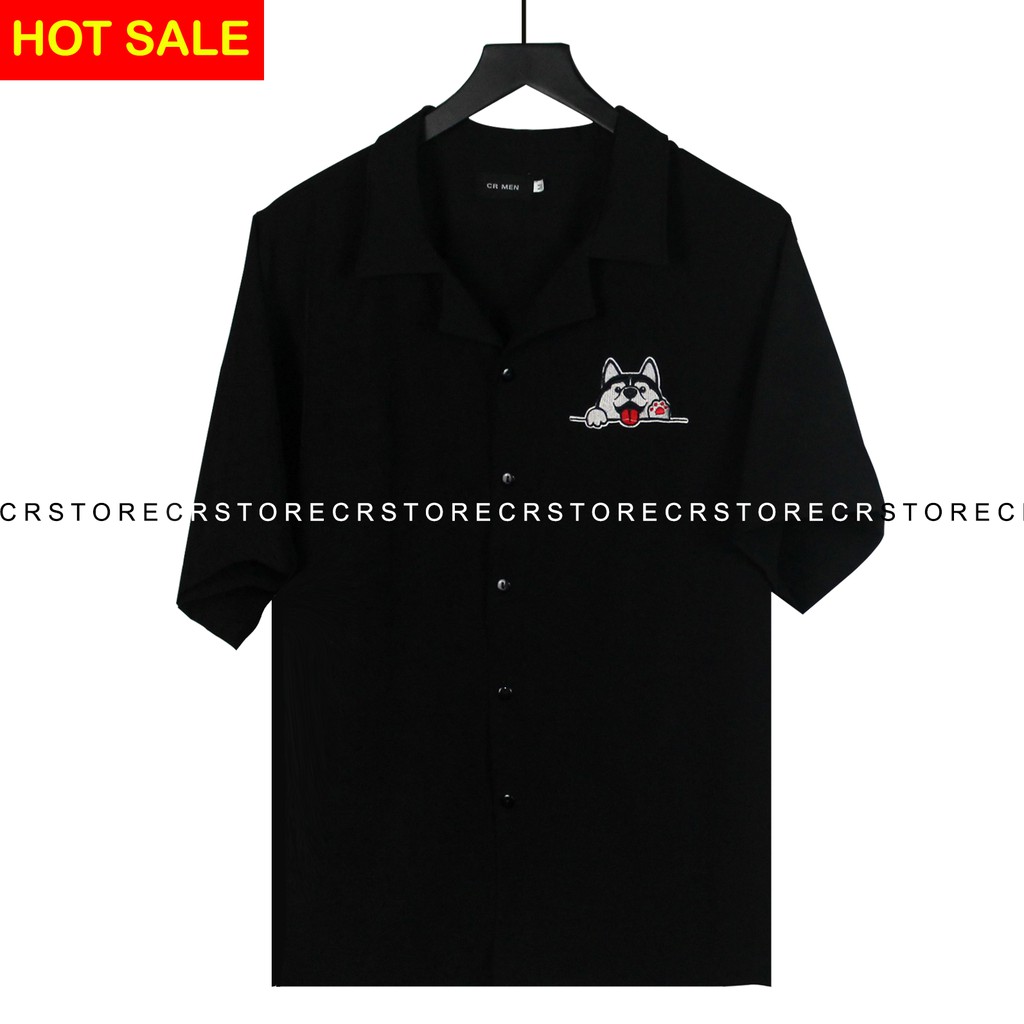 Áo Sơ Mi Tay Lỡ Cổ Vest CR MEN SMILE HUSKY Đen Trắng unisex nam nữ trơn vải lụa mềm