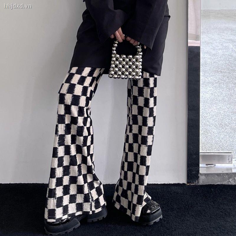 ✼Quần Dài Lưng Cao Ống Rộng Họa Tiết Sọc Caro Phong Cách Hàn Quốc Thời Trang Cho Nữ