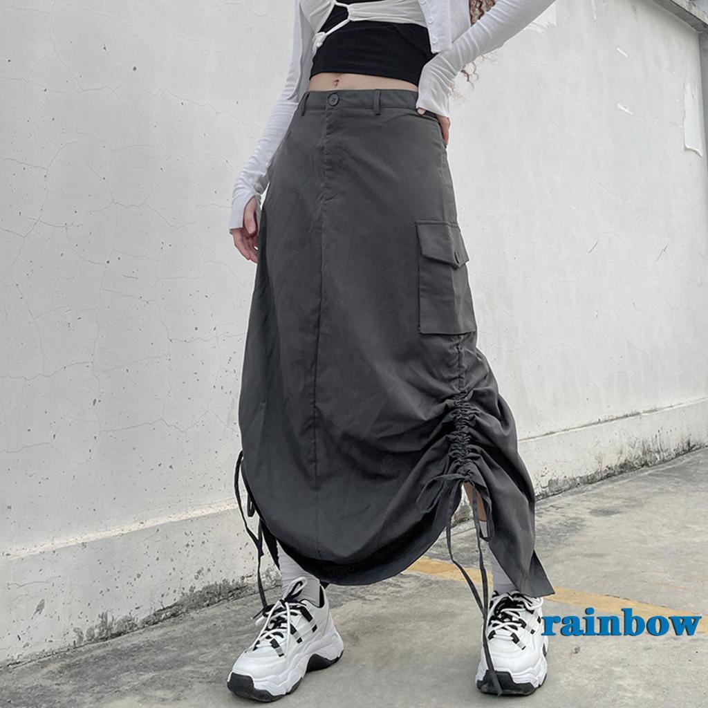 Chân Váy Midi Dài Thẳng Có Túi Màu Cầu Vồng 2K Phong Cách Harajuku Cổ Điển Đường Phố Cho Nữ