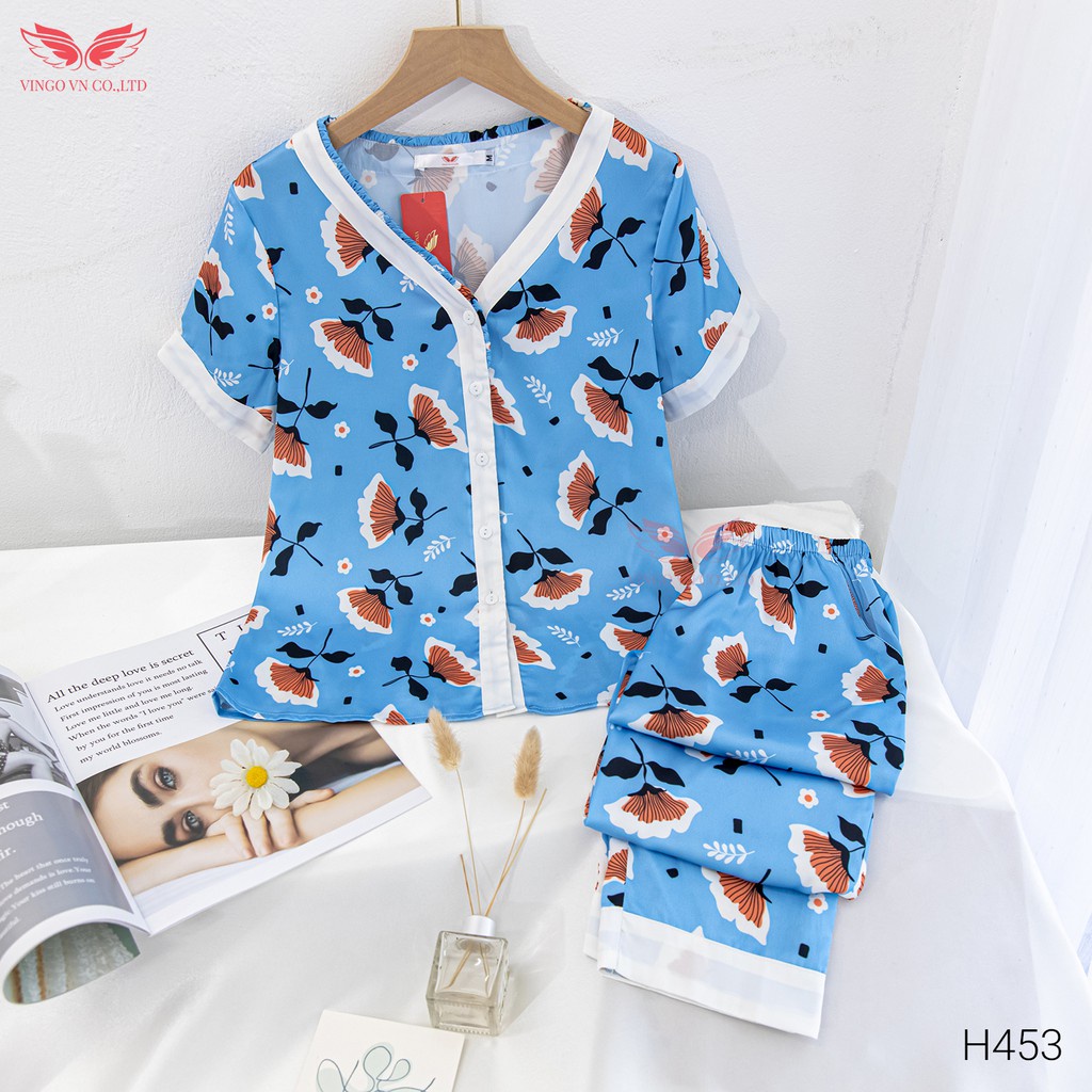 Đồ Bộ Ngủ Nữ Pijama Mặc Nhà VINGO Lụa Pháp Cao Cấp Tay Cộc Quần Dài Cổ Cách Điệu Họa Tiết Hoa Nền Xanh H453 VNGO