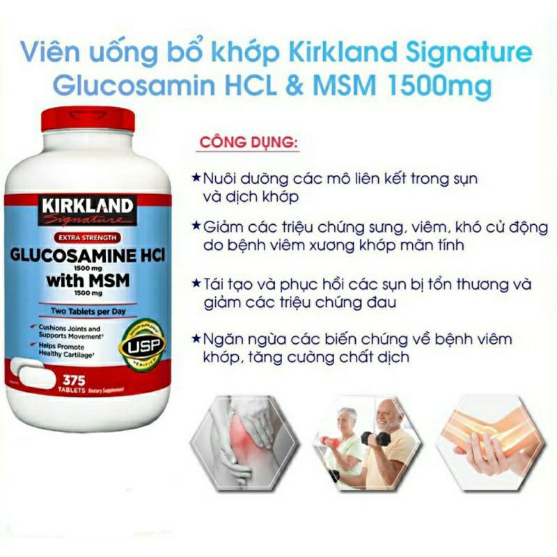 Viên uống Glucosamine HCL with MSM của Kirkland 1500mg 375 viên của Mỹ