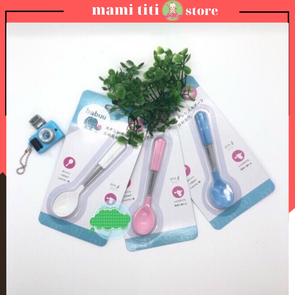 Thìa ăn dặm cán cầm Inox Babu Baby Nhật Bản