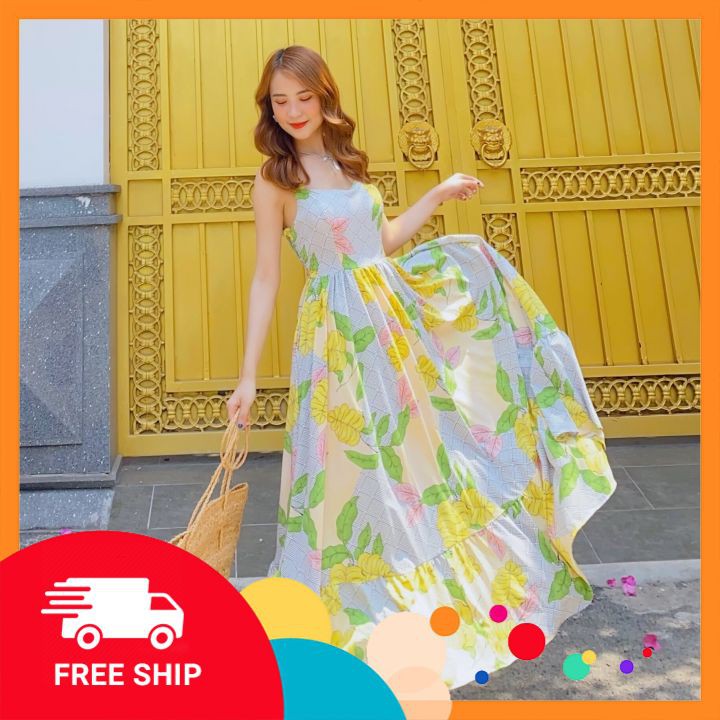 Váy maxi hoa 2 dây hở lưng ⚡𝗙𝗥𝗘𝗘 𝗦𝗛𝗜𝗣⚡ Maxi dáng xoè phối đuôi cá tầng cách điệu, bo chun eo giãn tốt, hàng QC cao cấp | BigBuy360 - bigbuy360.vn