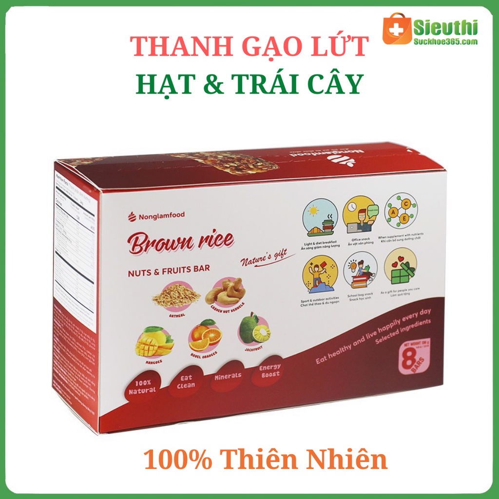 Bánh thanh cơm gạo lứt sấy hạt & Trái Cây hộp 8 thanh 136g nhiều vitamin dinh dưỡng dùng cho người tiểu đường, ăn kiêng