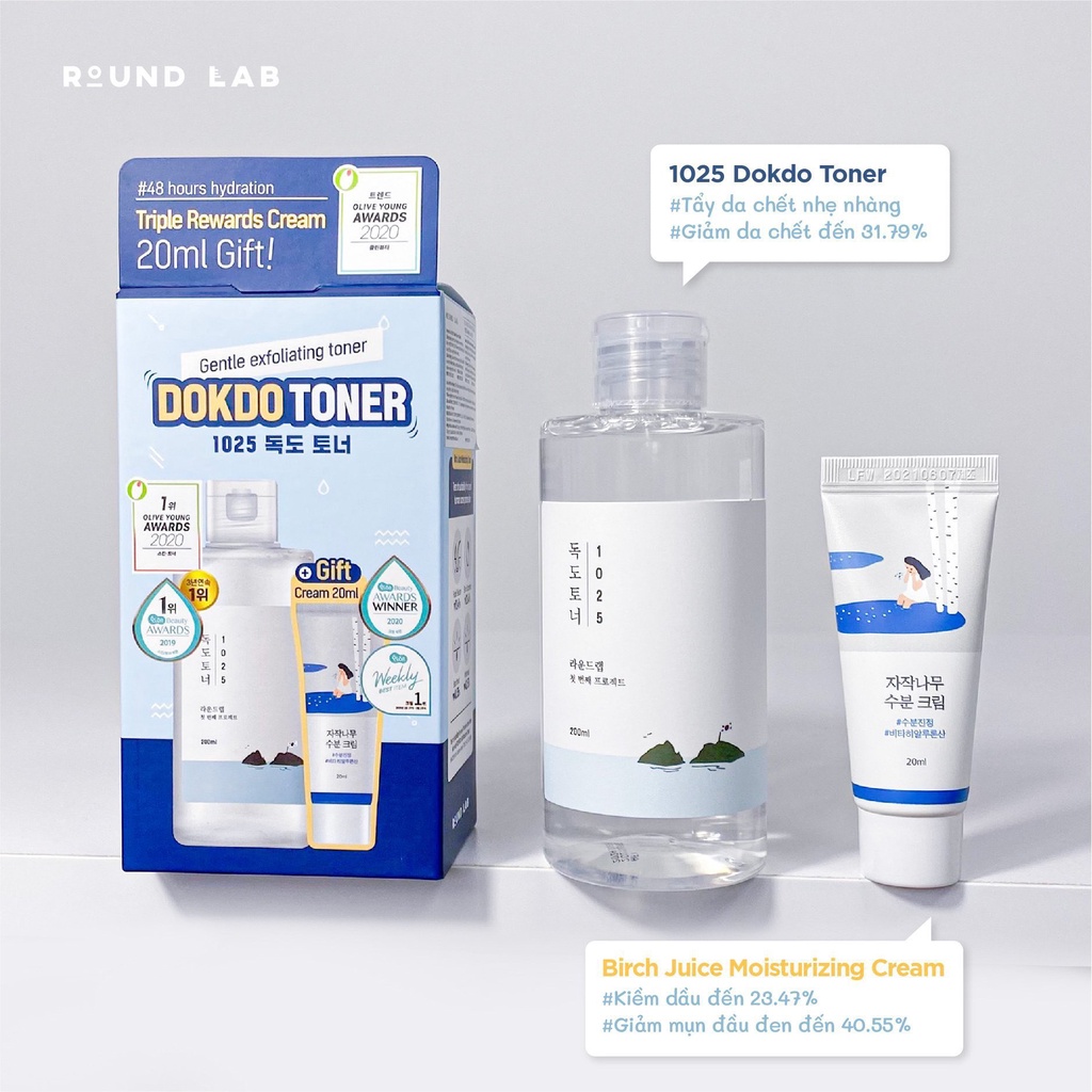 Set nước hoa hồng RoundLab Round Lab 1025 Dokdo tặng Kem Dưỡng Round Lab Roundlab Birch Juice Moisturizing Cream 20ml