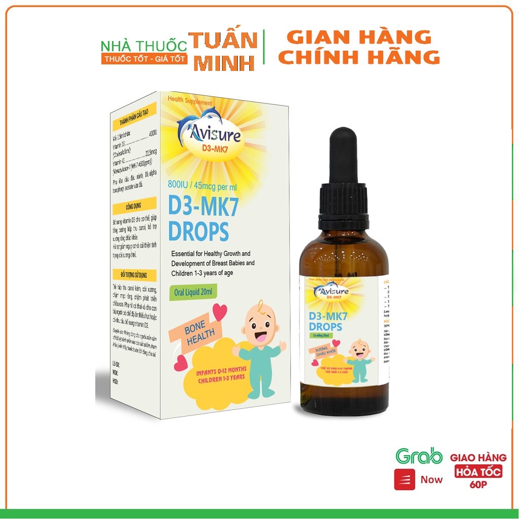 Avisure D3 - MK7 Drops - bổ sung vitamin D3 và K2 giúp tăng cường hấp thu canxi, hỗ trợ xương răng chắc khỏe