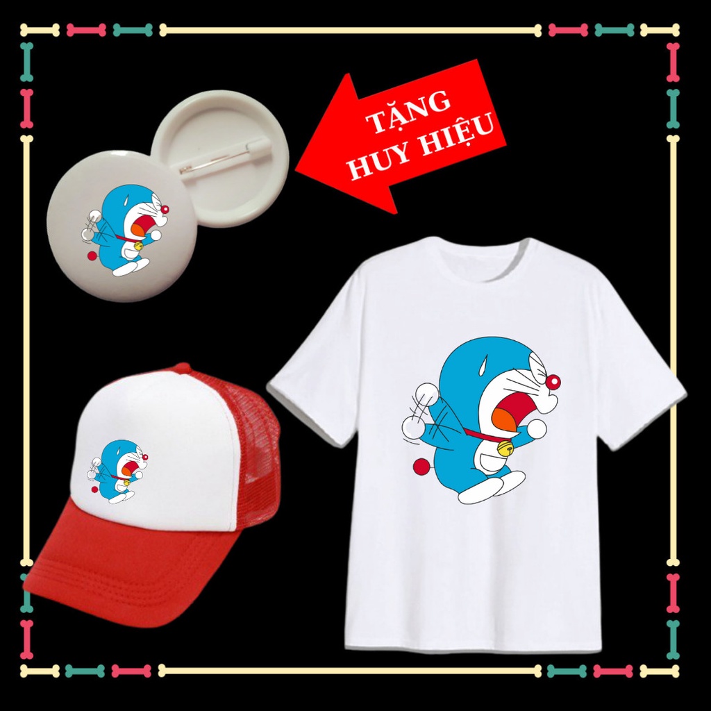 Tặng HUY HIỆU Doremon - Combo mũ áo phông Doremon cho bé trai bé gái xịn xò đủ màu sắc