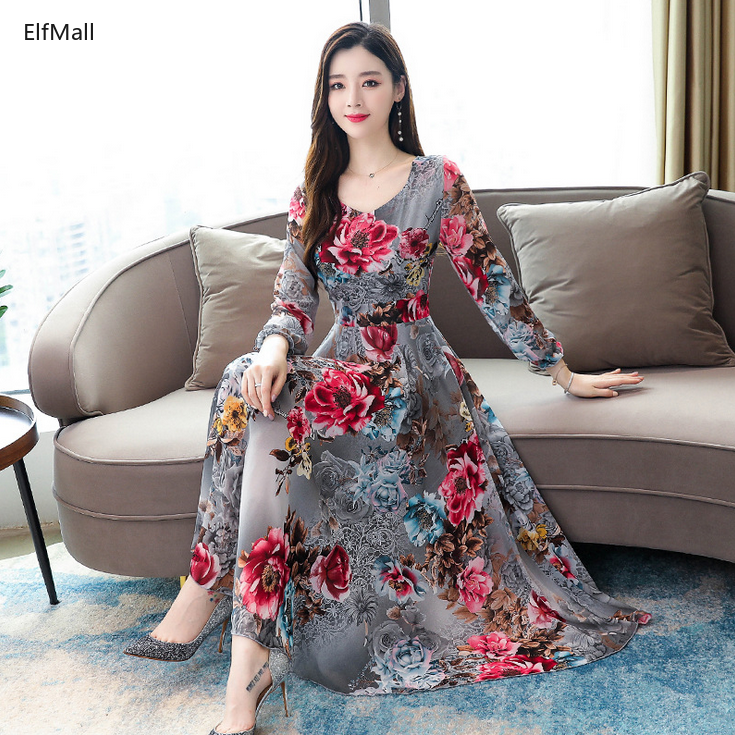 Đầm Maxi Tay Dài Hoạ Tiết Hoa Thiết Kế Cổ Chữ V Thanh Lịch Size M~3Xl