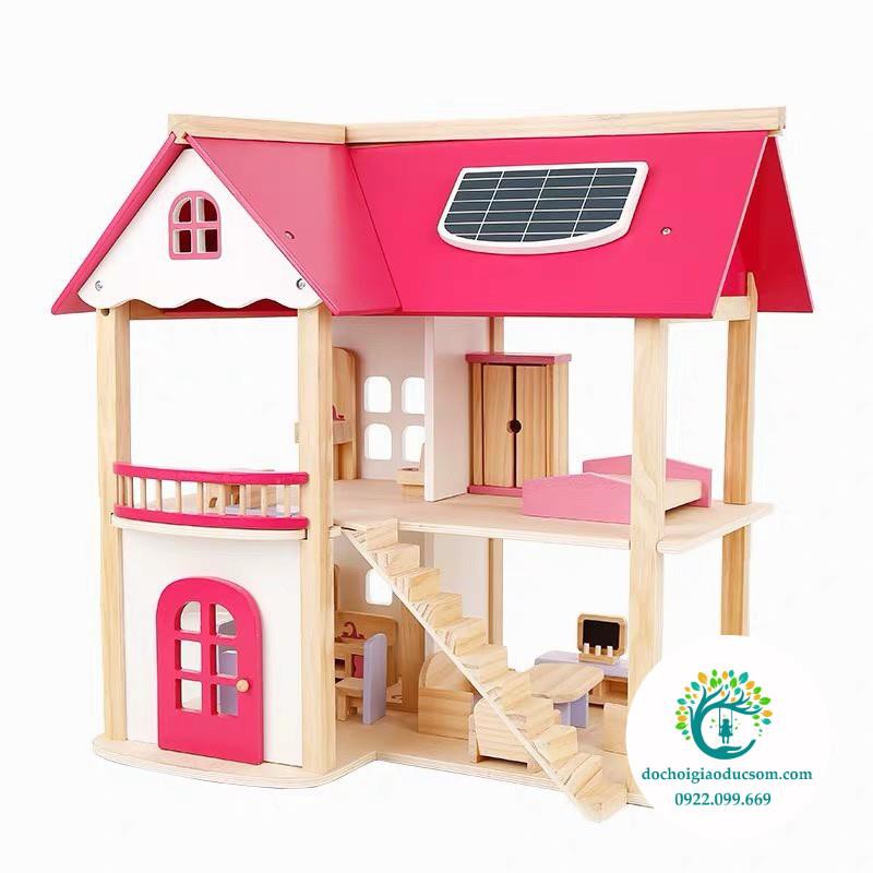 Doll House - Đồ chơi nhà búp bê gỗ Pink House xinh xắn cho bé - CÓ KÈM NỘI THẤT