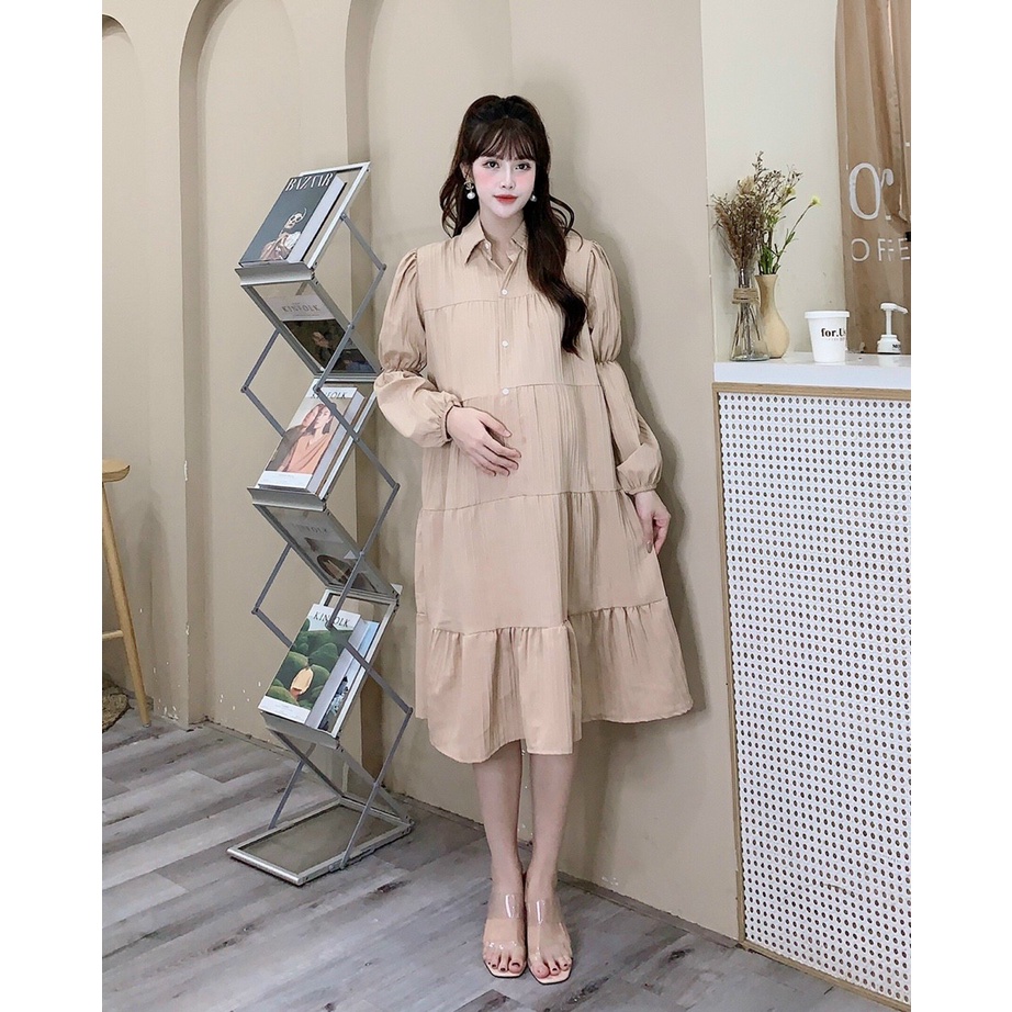 Đầm Bầu Váy Bầu Dài Tay Cổ Sơ Mi Thiết Kế Dáng Tầng Vải Đũi Cao Cấp Đi Chơi Dự Tiệc Sang Trọng M599 Mom and Baby