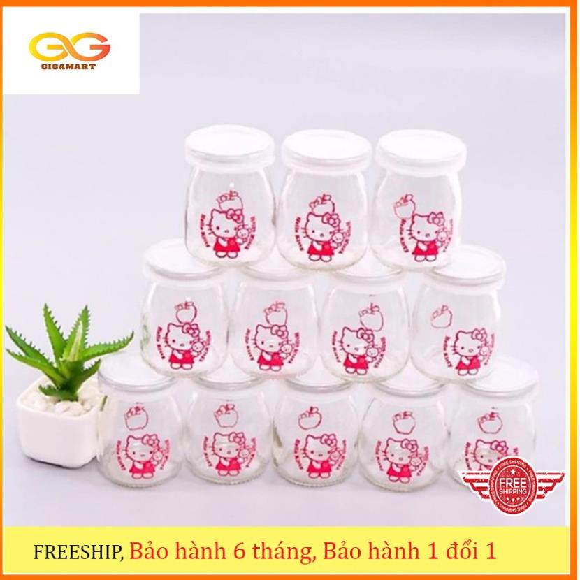 Bộ 12 hũ thủy tinh làm sữa chua 100ml , có nắp đậy, in hình Hello Kitty- Gigamart